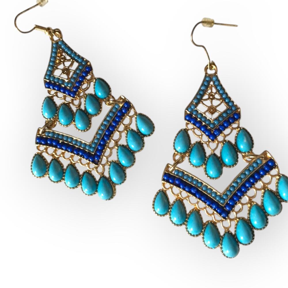 Huge turquoise-blue and royal-blue chandelier earrings, gold tone